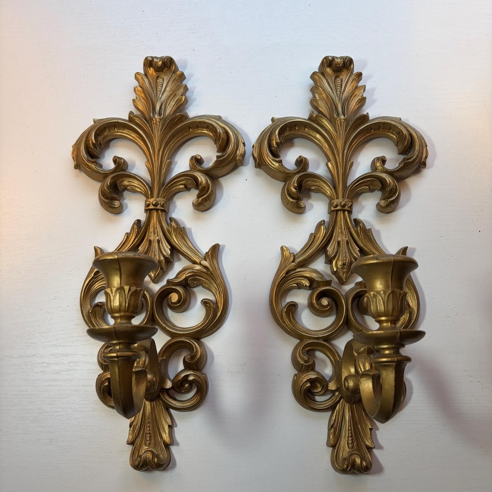 Vintage Burwood Fleur De Lis Wall Sconces Pair Gold Candle Holders Made In USA